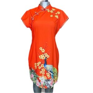 Chinese Qipao Cheongsam Dress Peacock Floral Orange Colorful Medium Mandarin